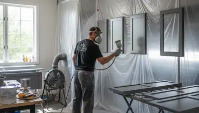 Professional cabinet painting in Plymouth MA kitchen with smooth, durable coastal finish