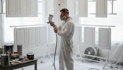 Professional cabinet painting in Plymouth MA using spray techniques for smooth, durable kitchen finishes