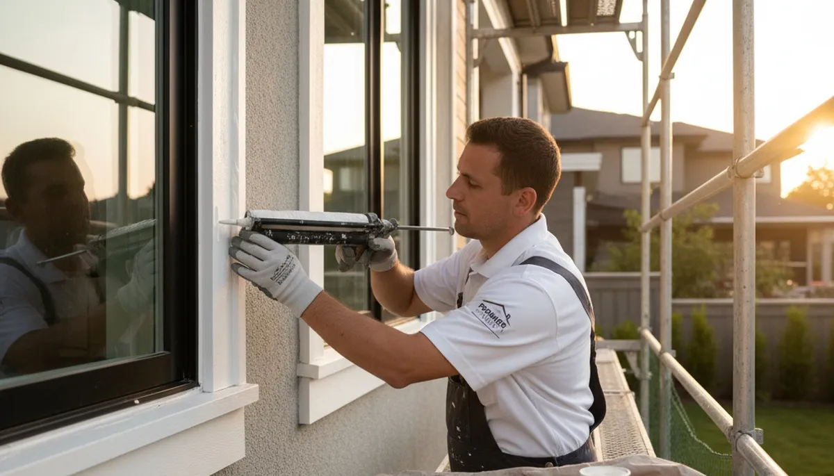 Professional caulking and sealing on coastal home exterior in Plymouth, MA for weatherproof protection