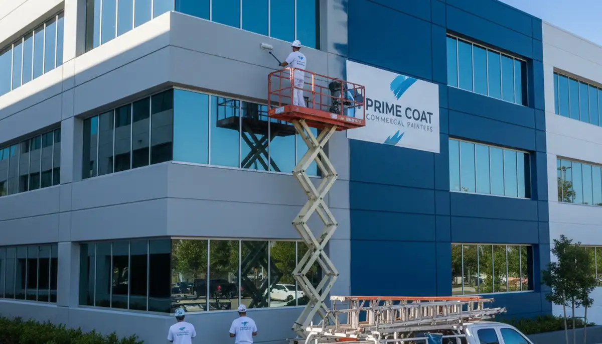 Professional commercial painters finishing office exterior in Plymouth, MA
