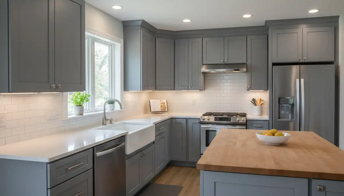 Refinished kitchen cabinets in Plymouth, MA with smooth, durable paint finish by local house-painting experts