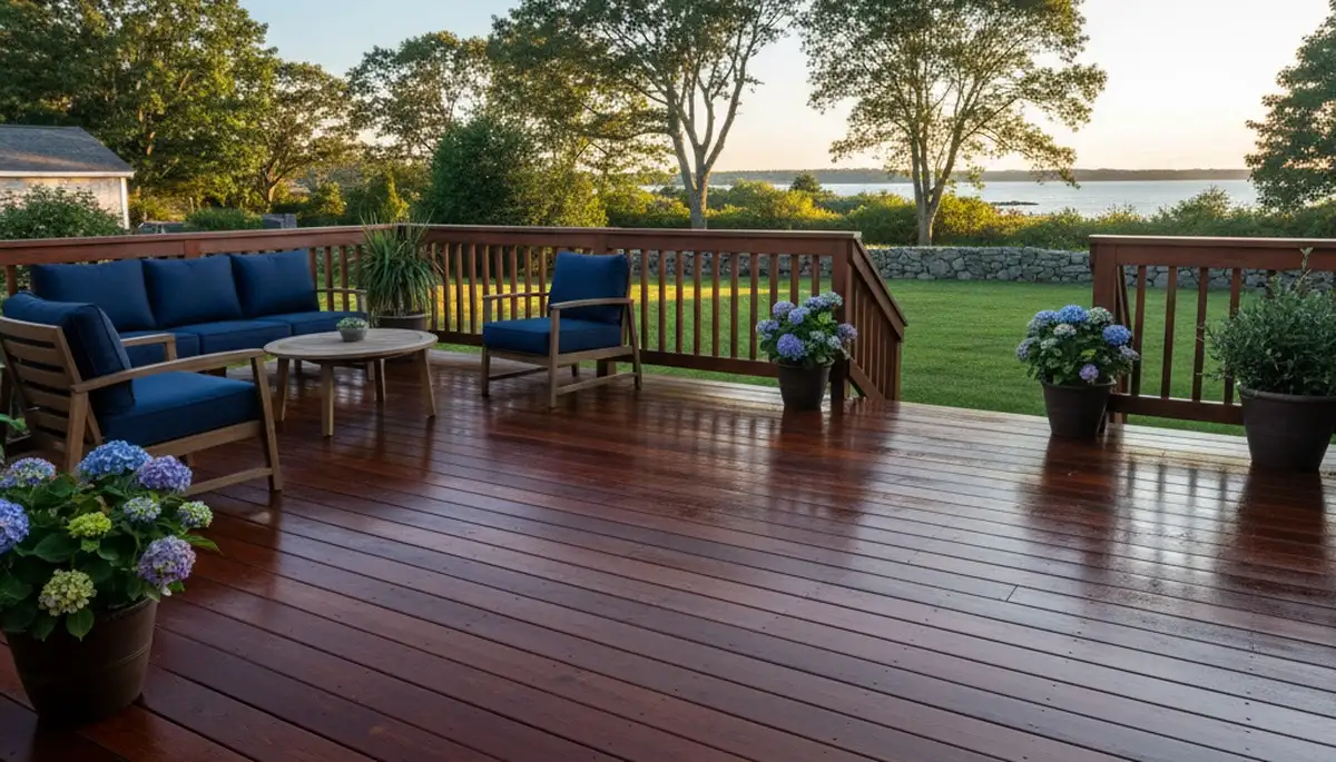 Finished deck staining in Plymouth MA showing rich wood tones and coastal protection by local painters