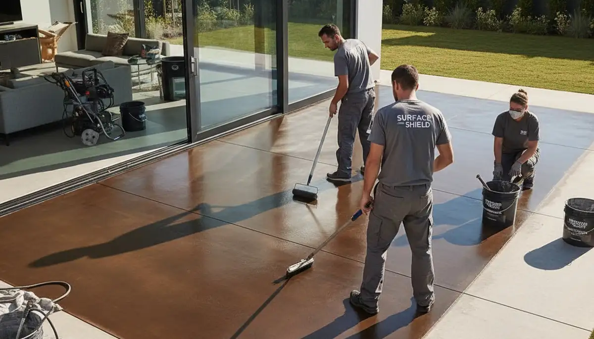 Concrete staining specialists finishing a Plymouth MA patio with durable decorative coating