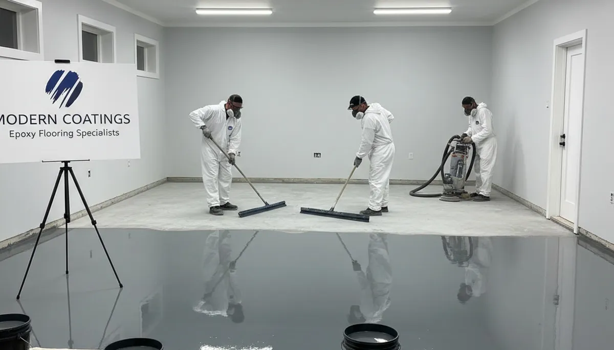 Epoxy garage floor coating in Plymouth MA by professional house painters for durable, glossy finish