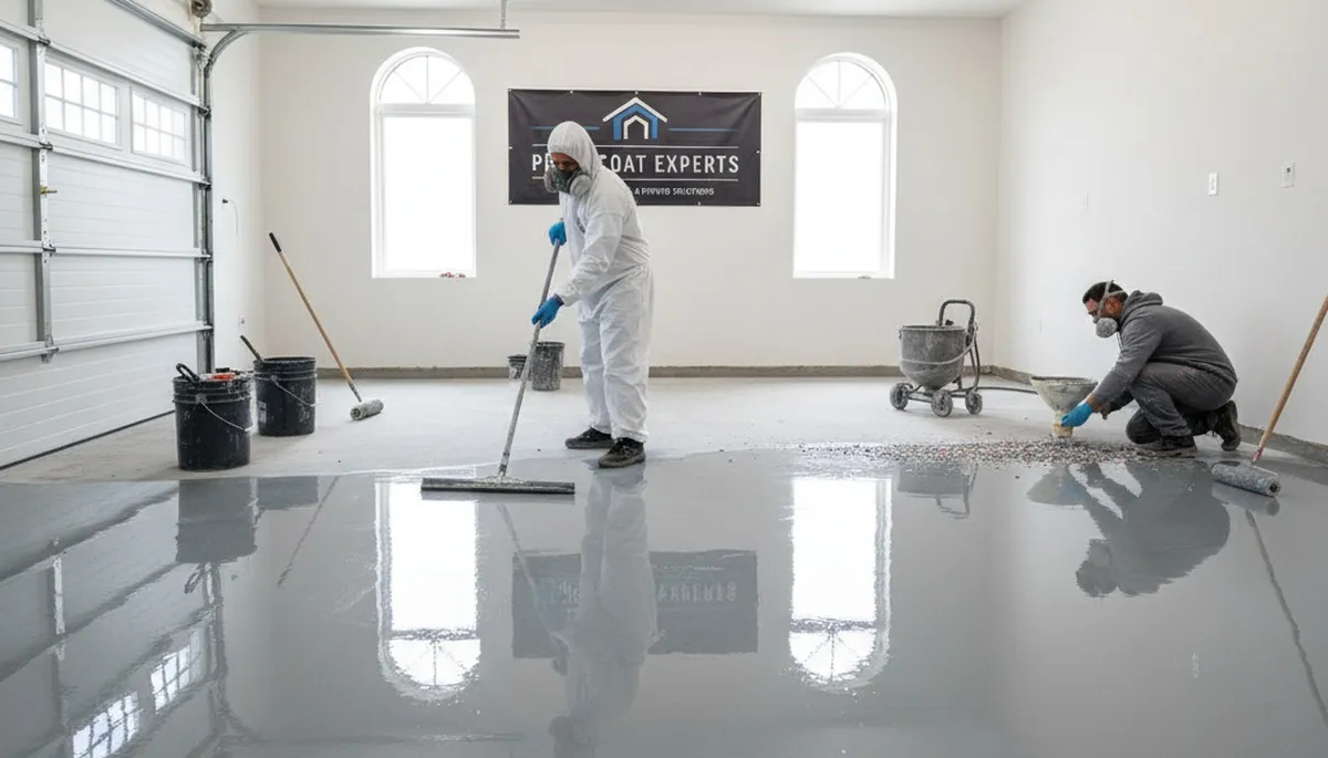 Epoxy garage floor coating in Plymouth MA by professional house painters for durable, glossy finish