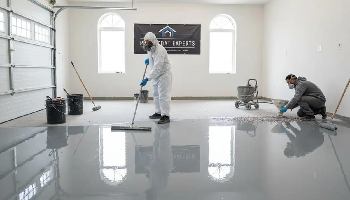 Epoxy garage floor coating in Plymouth MA by professional house painters for durable, glossy finish