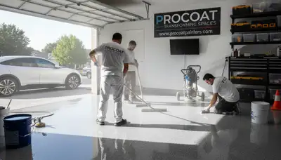 Professional garage floor epoxy coating by house painters in Plymouth, MA for durable, polished finish
