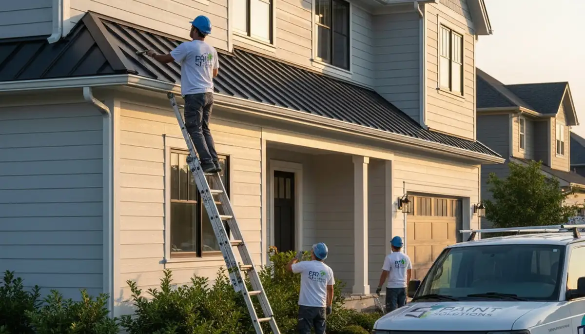 Professional gutter painting on coastal home exterior in Plymouth, MA