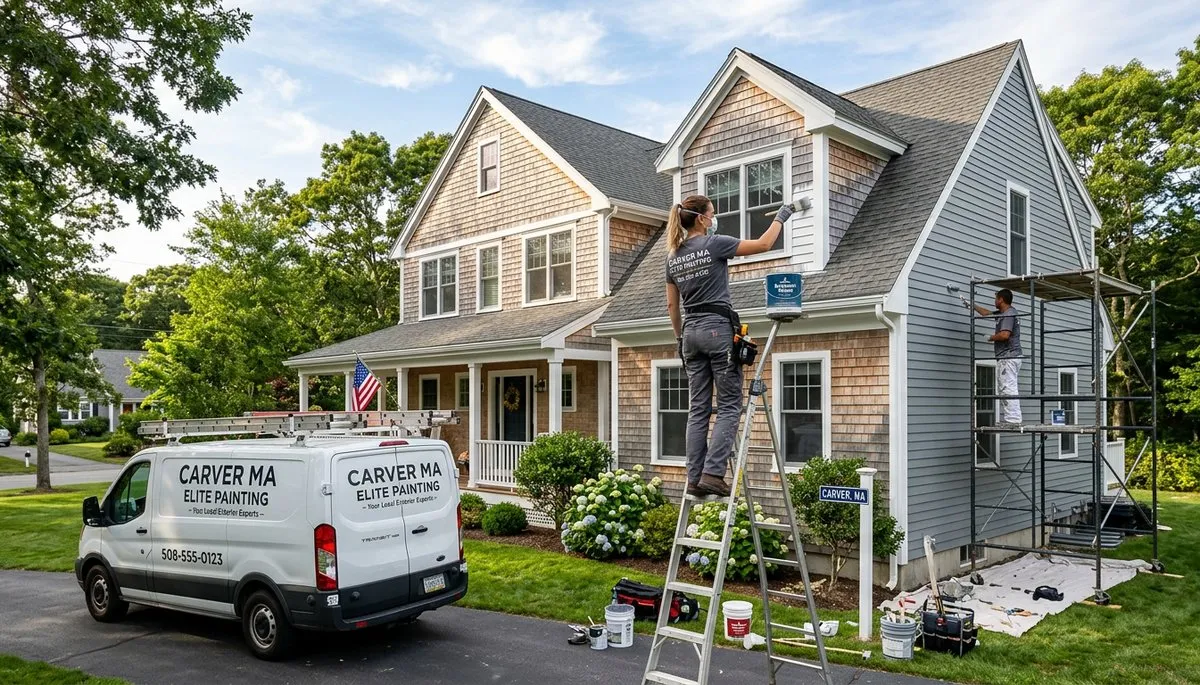 Professional house painters working on residential exterior in Plymouth MA