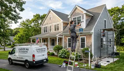 Professional house painters working on residential exterior in Plymouth MA