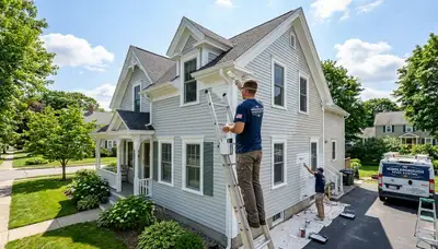 Professional house painters finishing exterior home in Plymouth MA