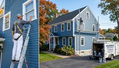 Professional house painters working on exterior home painting in Plymouth, MA