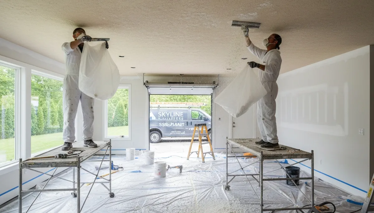 Professional popcorn ceiling removal in Plymouth MA home with smooth modern painted finish