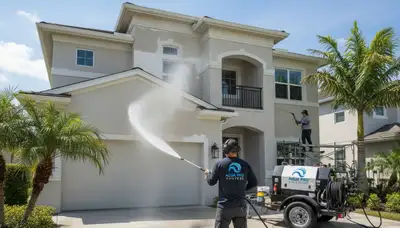 Professional pressure washing house exterior in Plymouth, MA for salt and mildew removal