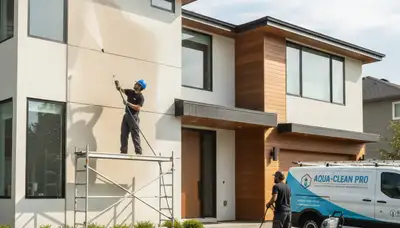 Professional pressure washing a coastal home exterior in Plymouth, MA to remove mildew and salt grime