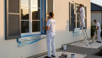 Professional shutter painting on coastal home exterior in Plymouth, MA for weather protection