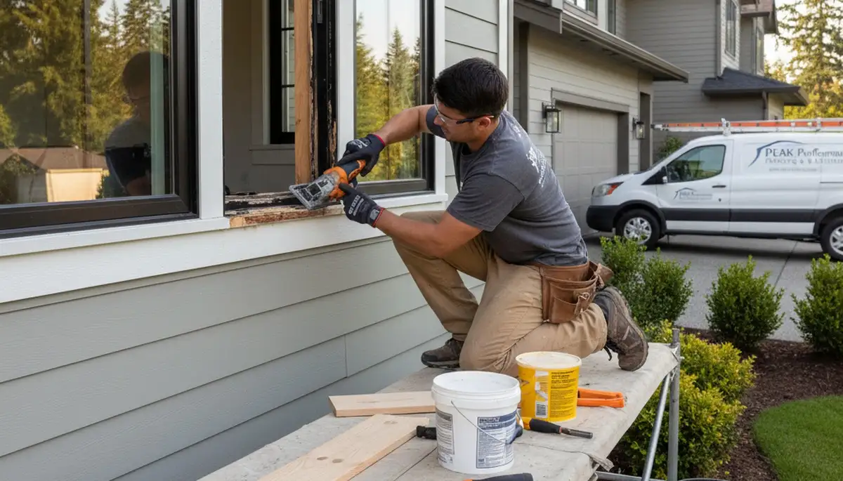 Wood rot repair and exterior painting on coastal home in Plymouth, MA by professional carpentry team
